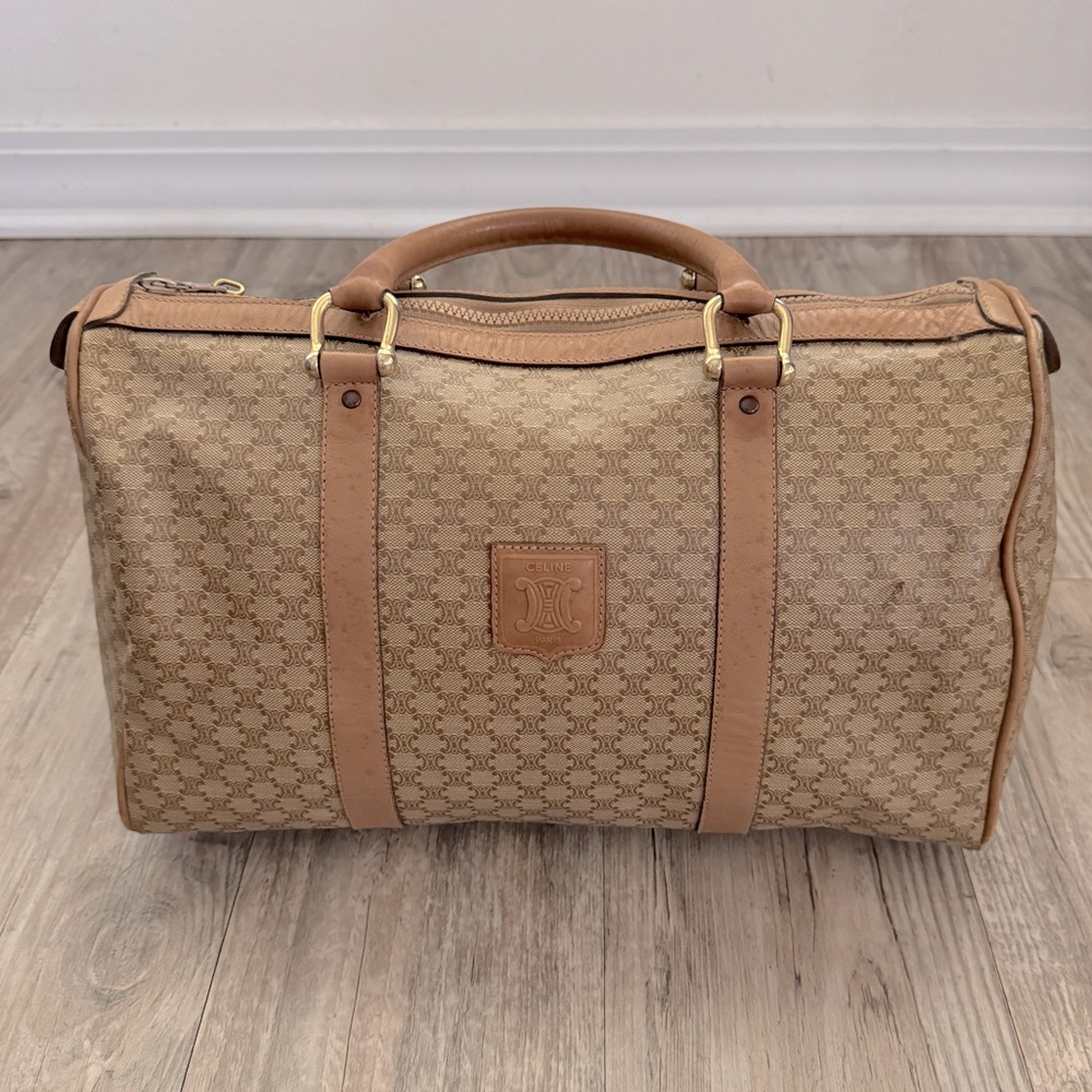 CELINE Macadam Canvas Boston Bag Beige Authentic
